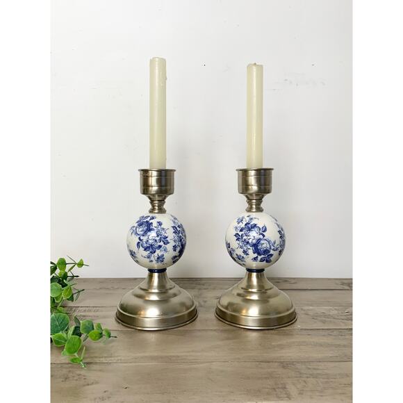 Vintage Blue & White Floral Porcelain and Pewter Candlestick Holders Set of 2 - Picture 1 of 11